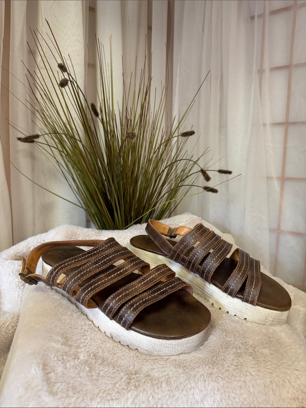 Bed Stu Ensley Teak Rustic Multi-Strap Slingback Sandals